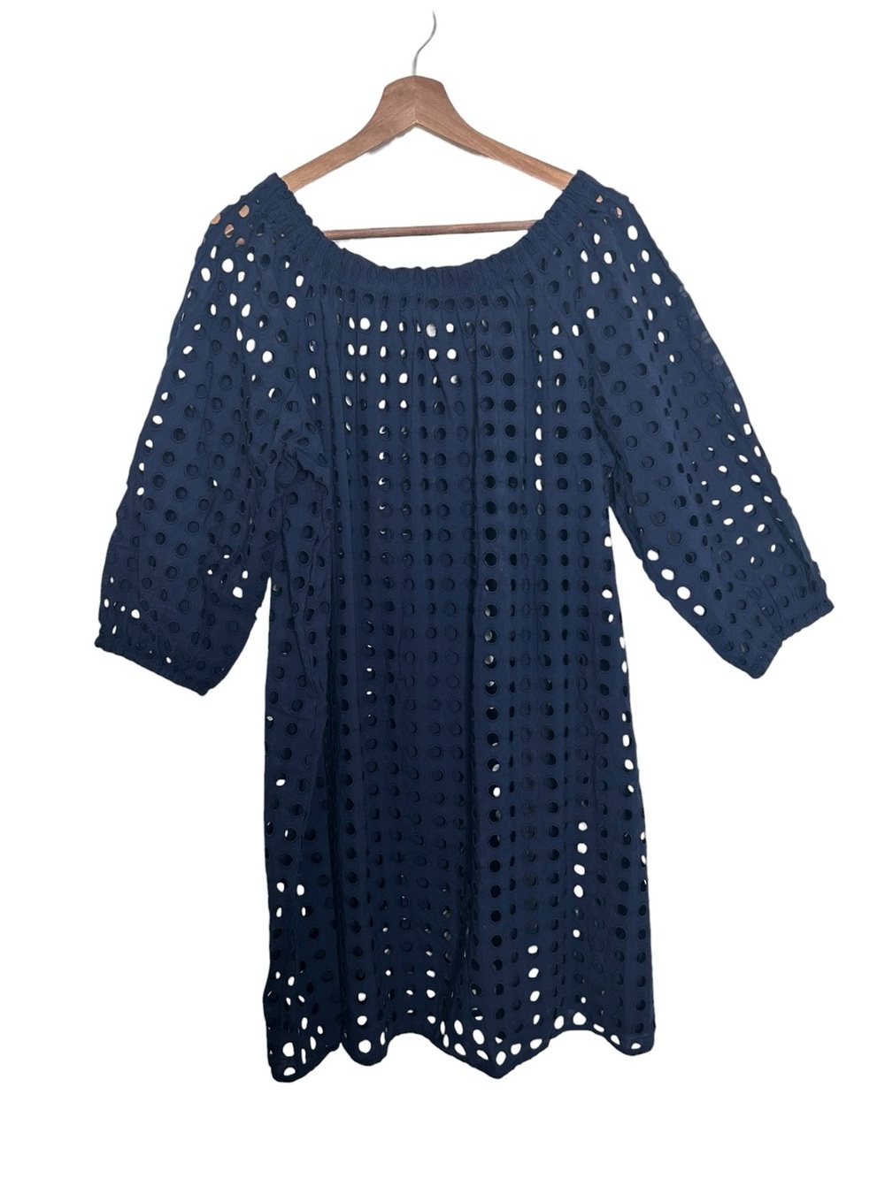 LOFT Beach Navy Blue Eyelet Off The Shoulder Cotton Cover Up Beach Dress Size XL - Picture 3 of 10